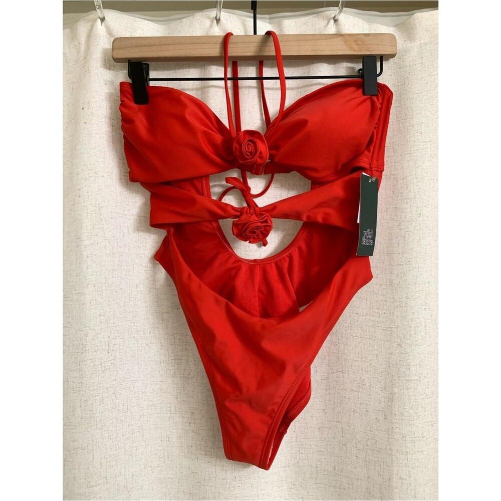 wild fable Red Rosette Cutout One-Piece Swimsuit Medium Cheeky High Leg NEW